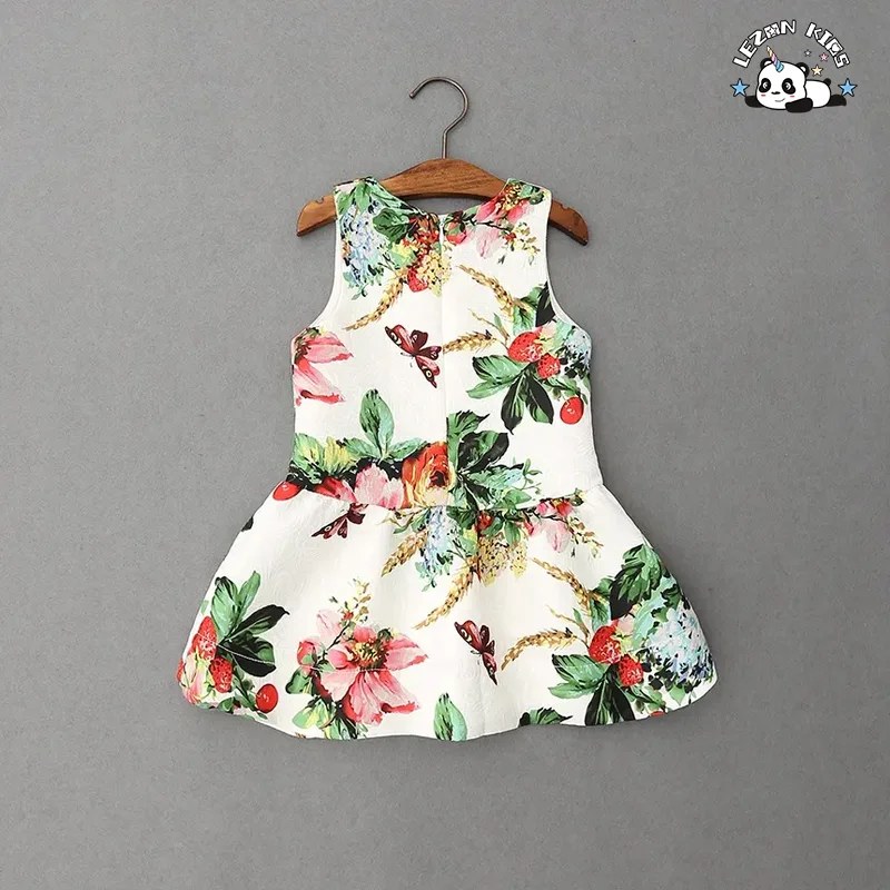 LEZONKIDS - Vestido impresso sem mangas com flores por atacado para meninas, vestido de festa de aniversário, roupas casuais para 2-14 anos